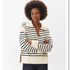 Arket 100% Cotton Cream Black Stripped Relaxed Knit Jumper Sweater Wide Collar M